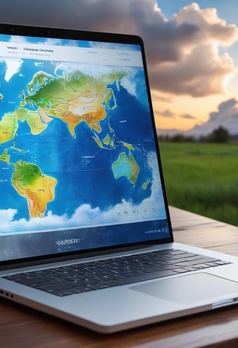 A detailed weather monitoring toolkit featuring thermometers, barometers, and anemometers scattered around a globe with dynamic weather patterns like clouds and storms emerging from it. Include an open laptop displaying weather maps, surrounded by illustrations of various climatic patterns like rain, sunshine, and snowflakes. The background should depict a soft gradient of blue skies and clouds, enhancing the theme of understanding weather. super-realistic. vibrant colors.