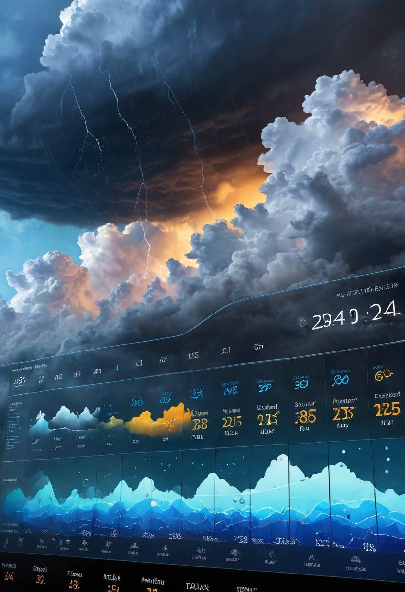 An abstract illustration of a weather dashboard displaying various meteorological icons like clouds, lightning bolts, and raindrops. In the background, a dramatic sky changes colors from sunny to stormy, symbolizing the unpredictability of weather. A digital map with location pins highlights local areas, emphasizing personalized weather reports. Include elements that represent climate predictions, like graphs and charts. super-realistic. vibrant colors. dynamic composition.