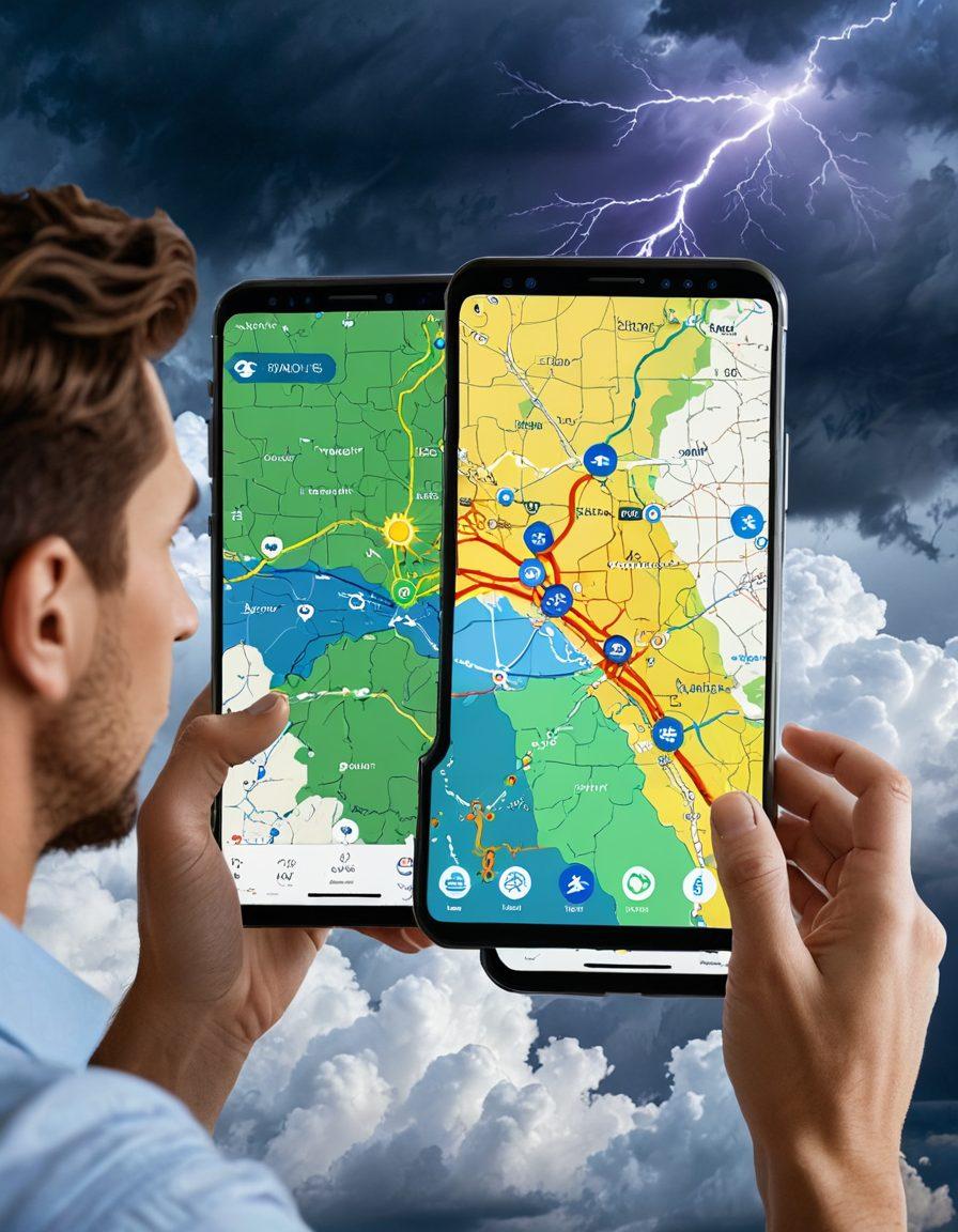 A dynamic scene depicting various weather icons like thunderstorms, tornadoes, and clear skies in a vibrant digital map format, with a user-friendly smartphone interface displaying real-time weather alerts. Include a confident person checking the weather on their device, symbolizing preparedness and expertise in navigating severe weather. Bright, eye-catching colors enhance the urgency and attention of weather alerts. super-realistic. vibrant colors. white background.